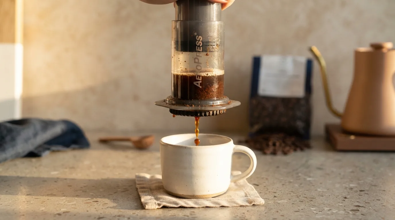 An AeroPress mid-plunge, brewing a cup of coffee
