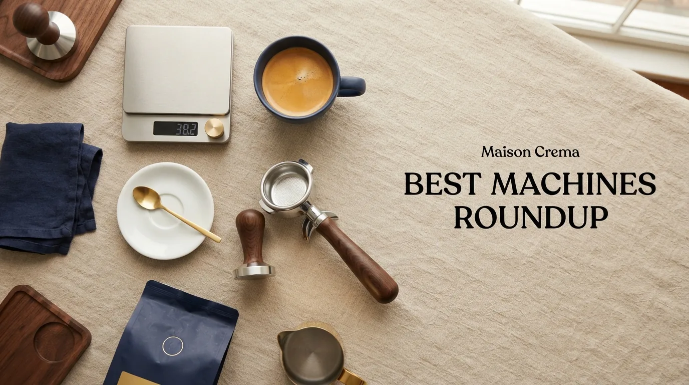 A flat lay of espresso equipment
