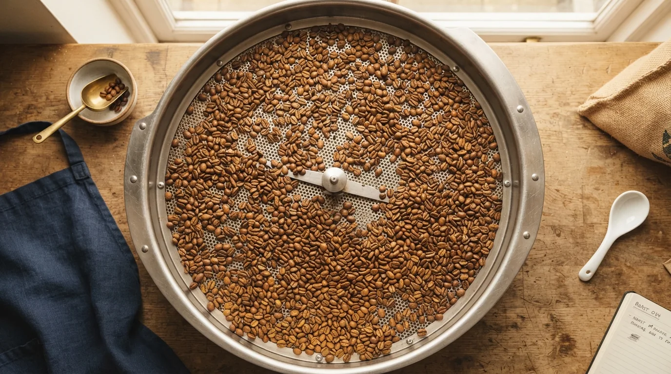 Overhead view of roasted coffee beans arranged for comparison