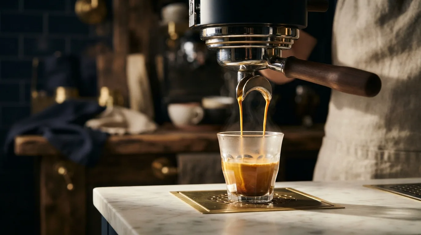 Close-up of espresso extraction showing rich crema formation