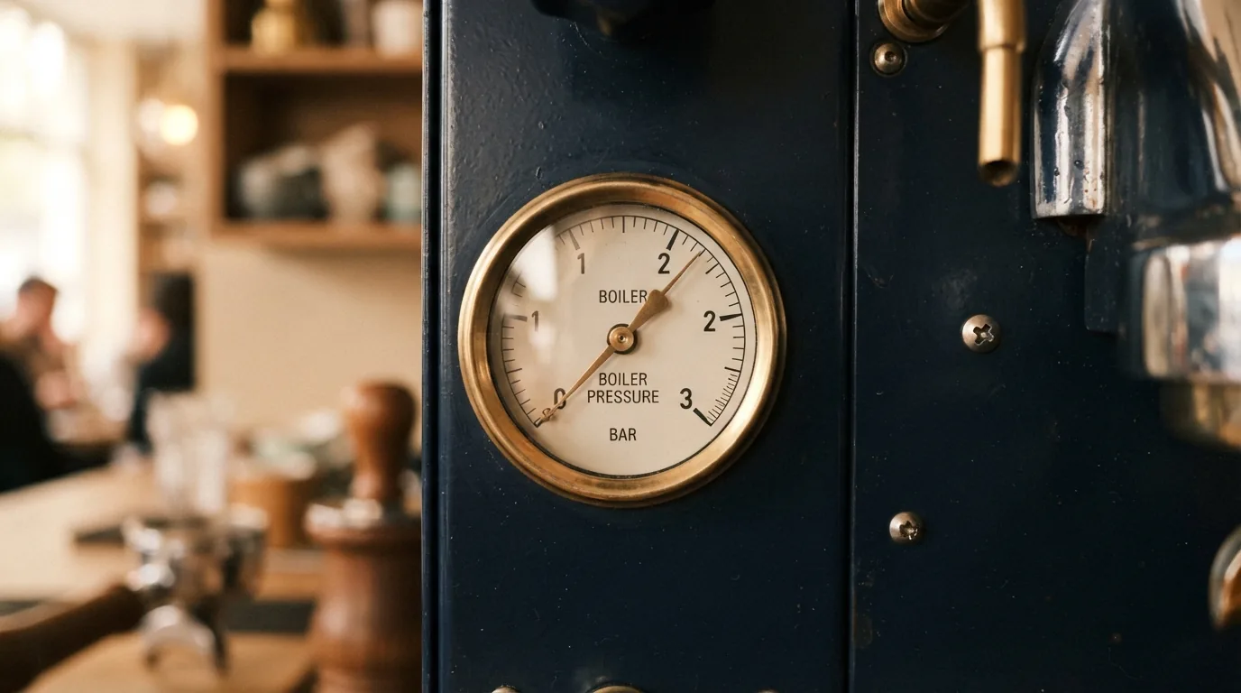 Close-up of a dual-boiler espresso machine pressure gauge