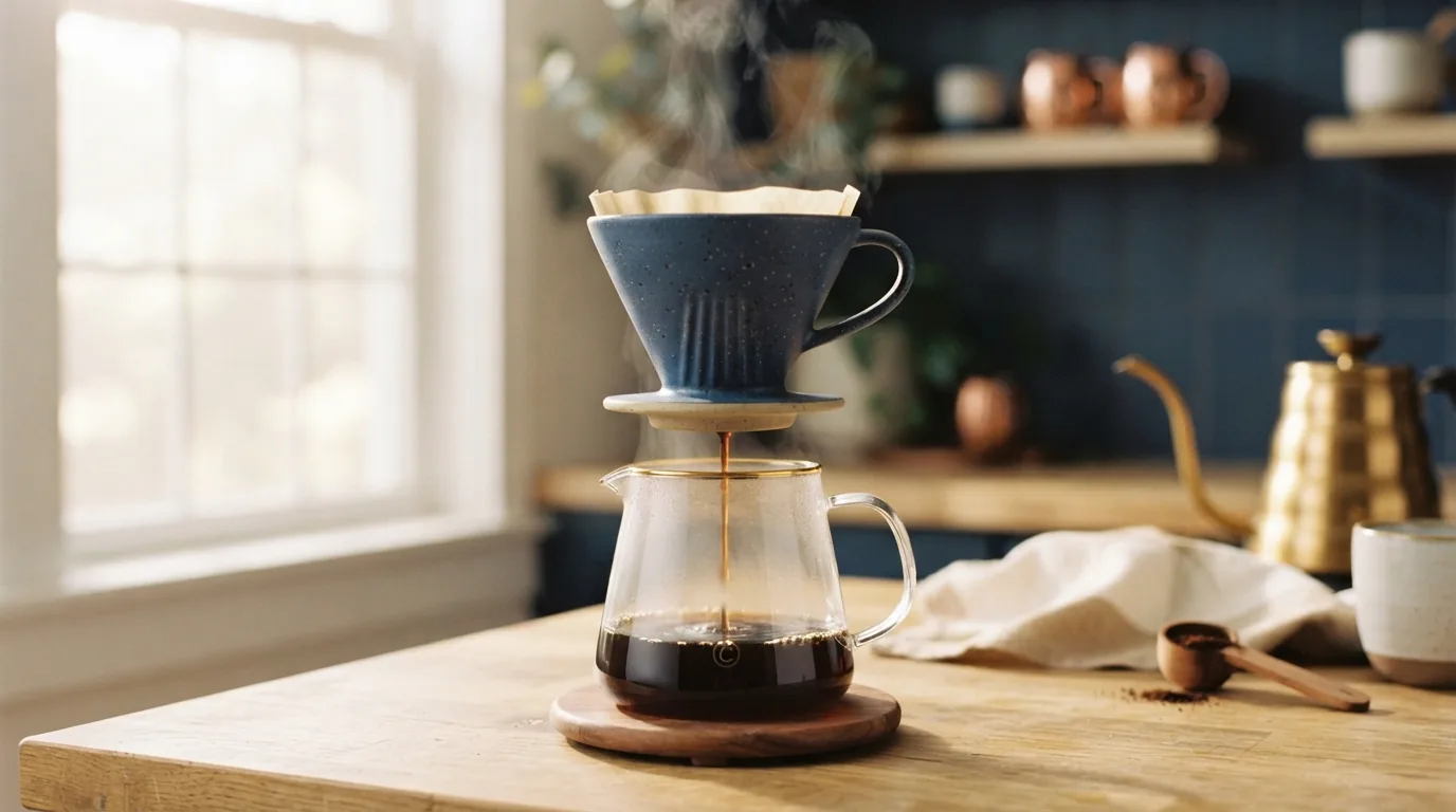 Hario V60 ceramic dripper mid-pour