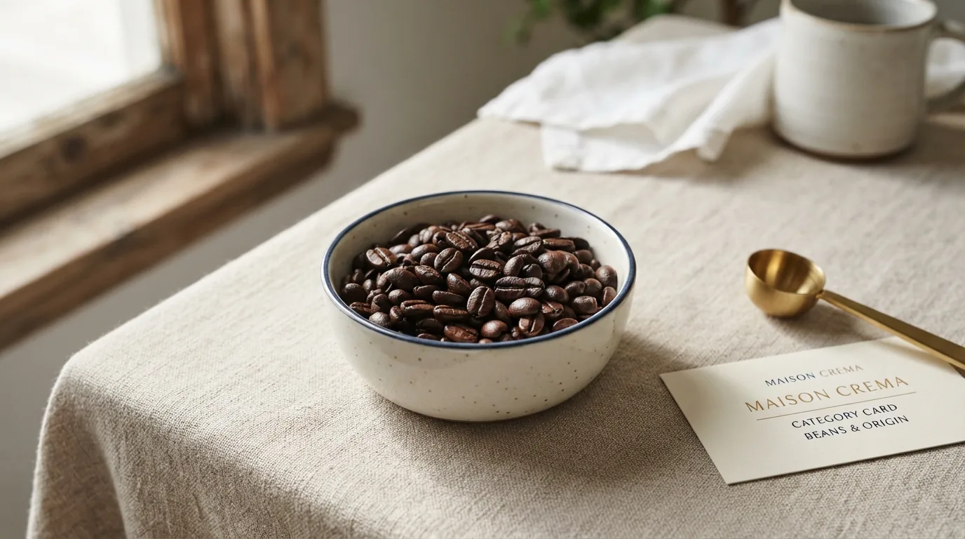 Freshly roasted coffee beans arranged in an editorial still life