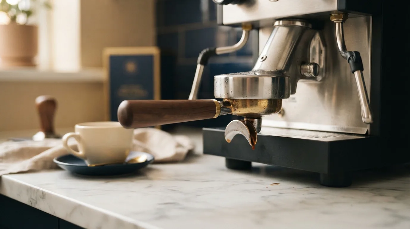 A polished stainless steel espresso machine on a kitchen counter