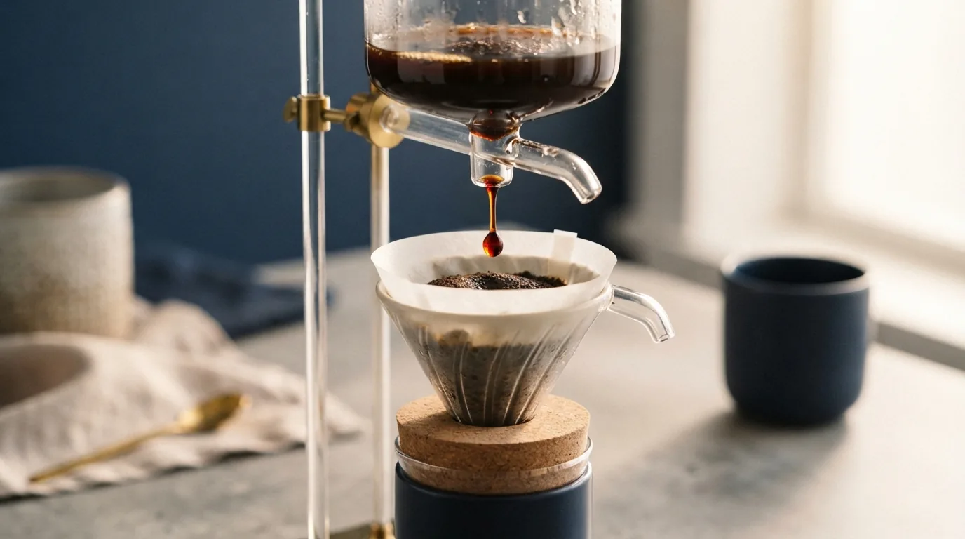 Cold brew coffee dripping slowly through a filter into a glass carafe