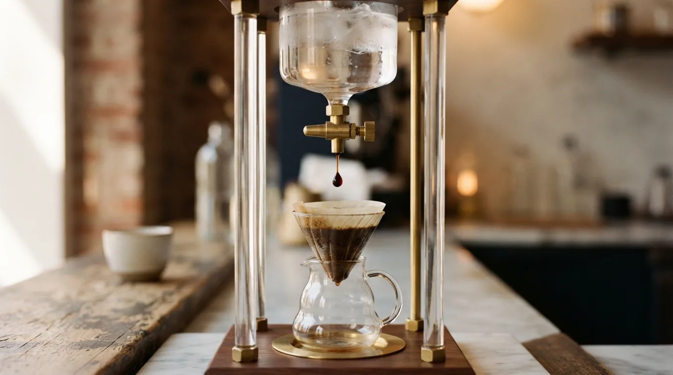 A cold coffee brewing setup, illustrating the slow-drip style used for cold brew