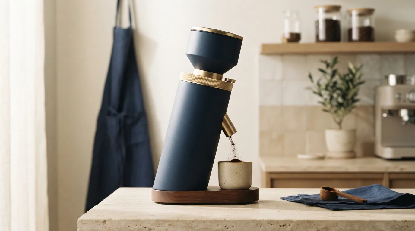 Side view of a conical burr grinder dispensing fresh coffee grounds