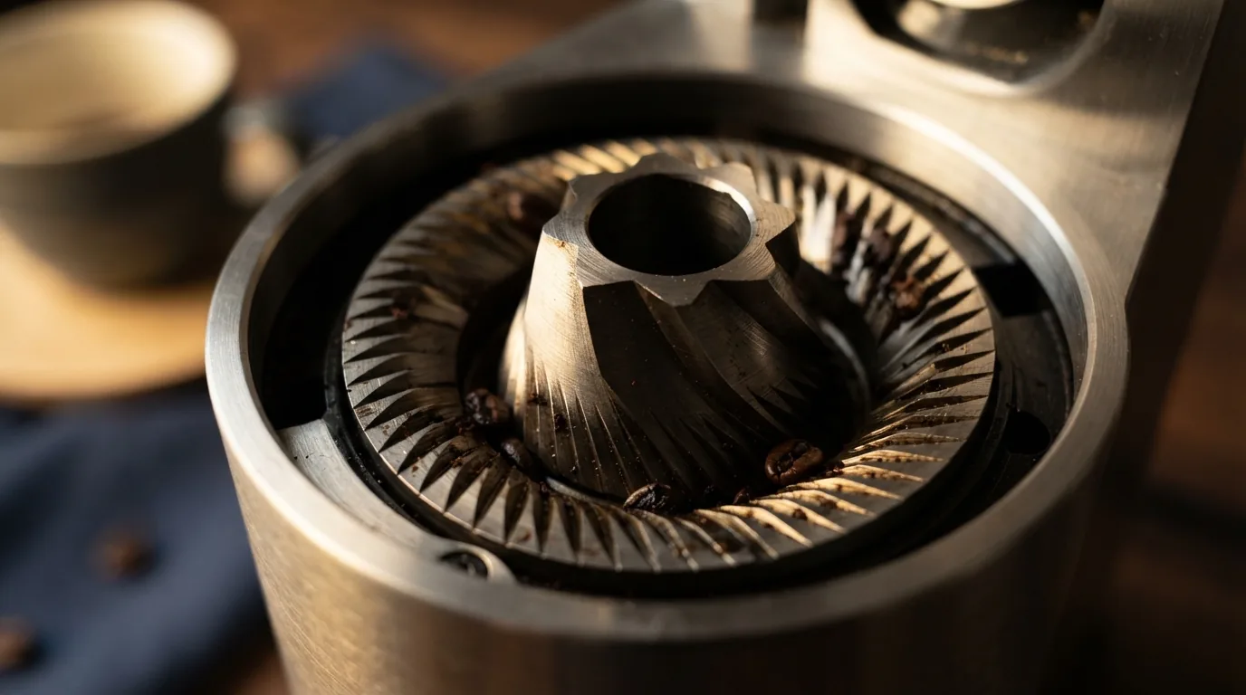 Macro detail of conical grinder burrs used to explain grind consistency