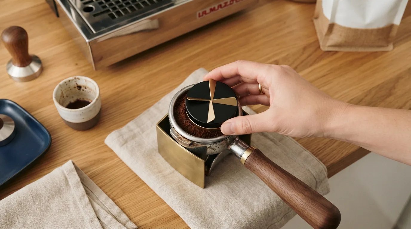 A distribution tool leveling coffee grounds in a portafilter from above