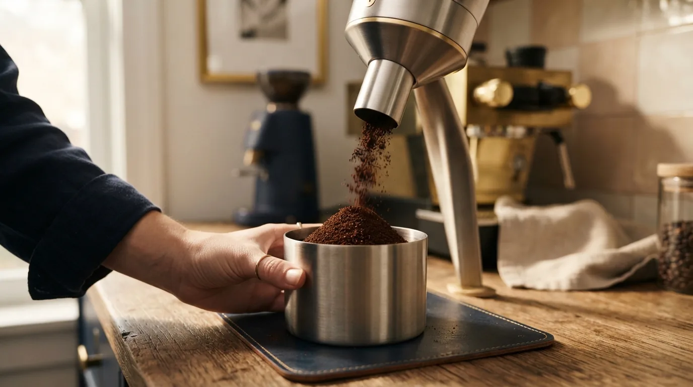 Ground coffee falling into a dosing cup from a grinder