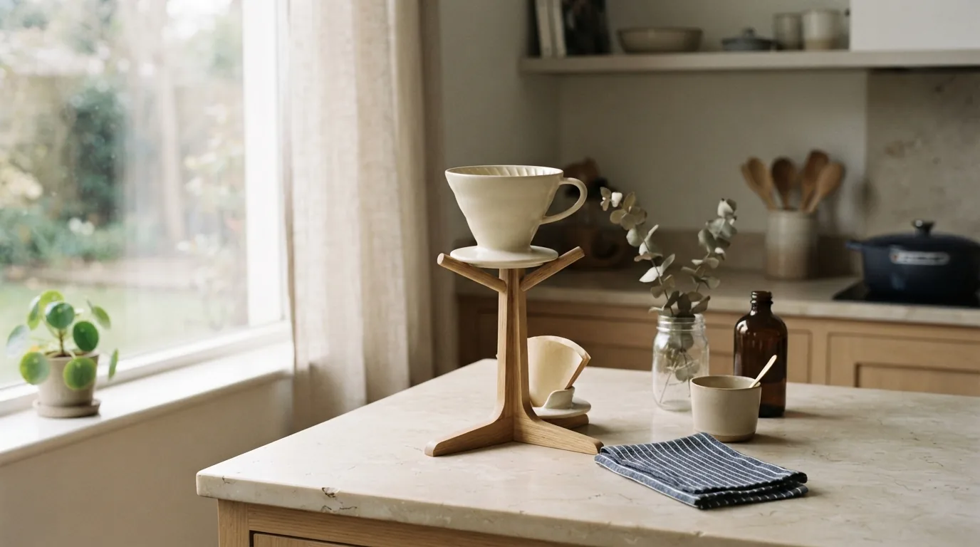 Coffee equipment drying on a rack, part of a well-maintained kitchen routine