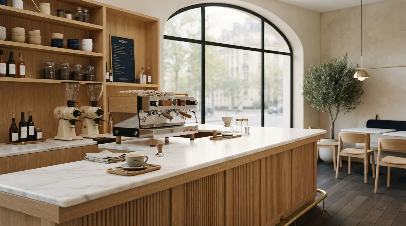 A minimalist specialty coffee shop bar, empty and softly lit