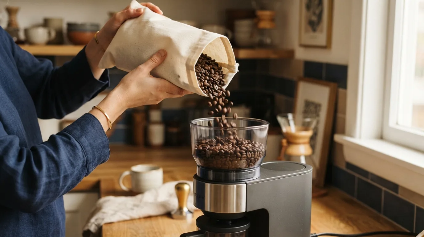 A roasting machine hopper being filled with green coffee beans