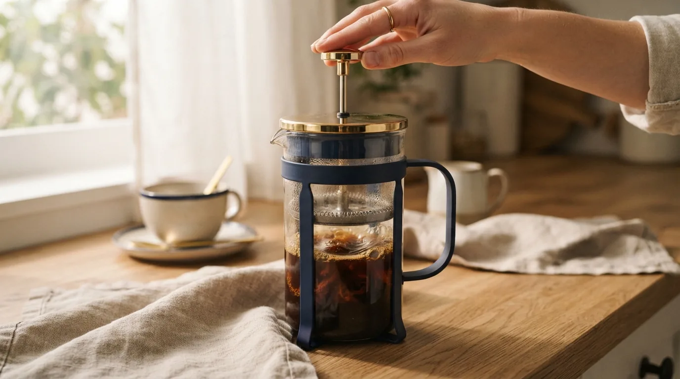 A French press with coffee grounds steeping