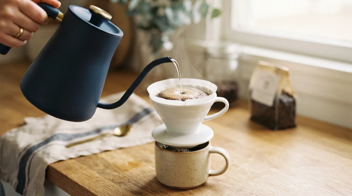 A gooseneck kettle pouring water in a slow spiral over coffee grounds
