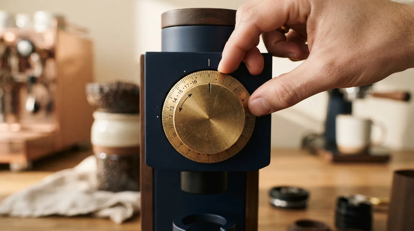 Macro shot of an espresso grinder adjustment dial
