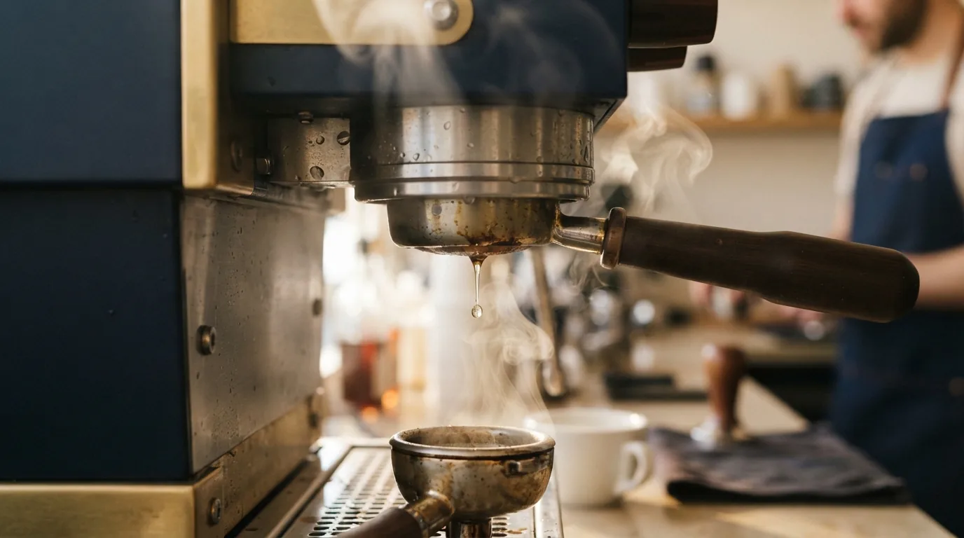 Espresso dripping from the group head of an automatic machine
