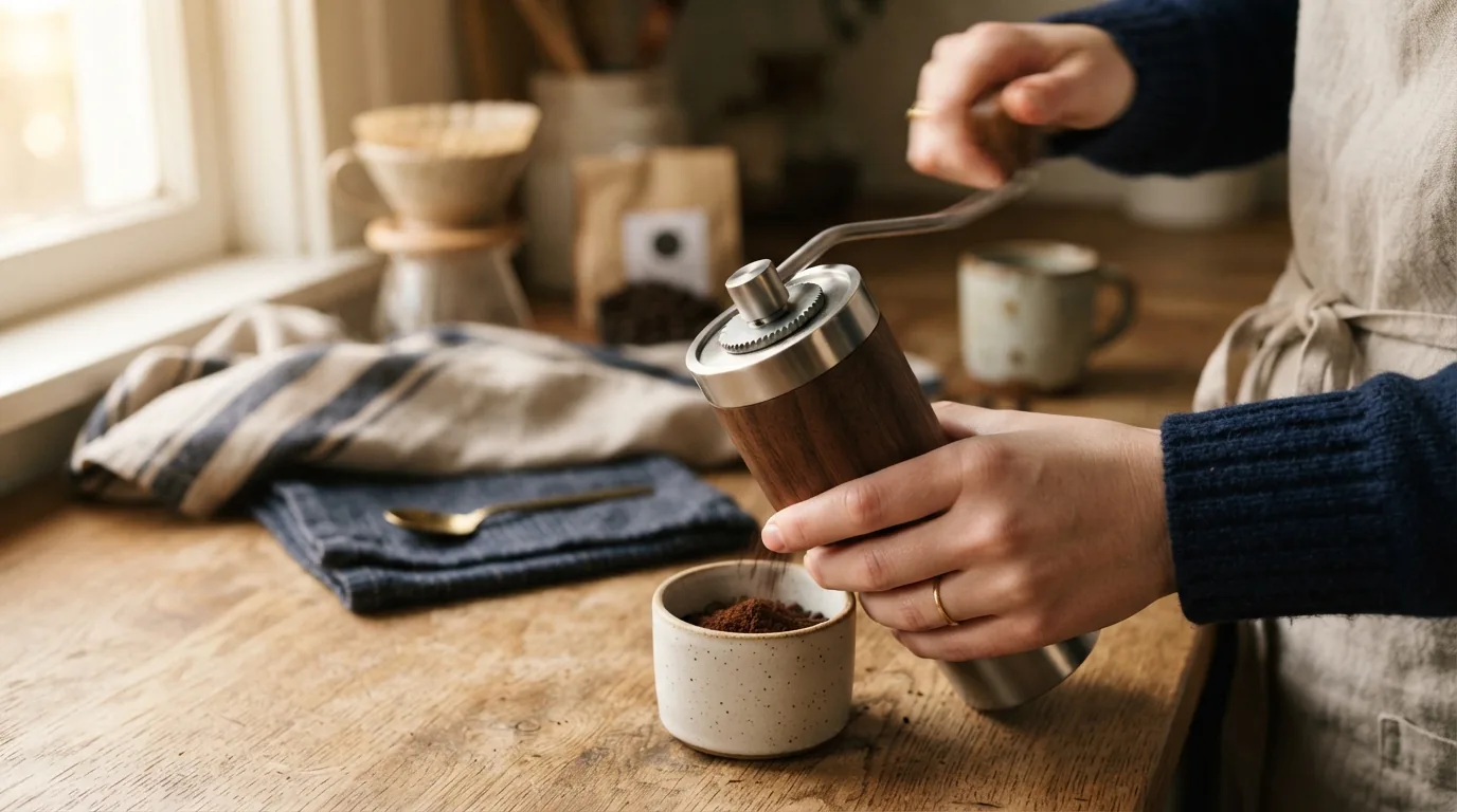 A hand grinder being turned to grind coffee beans