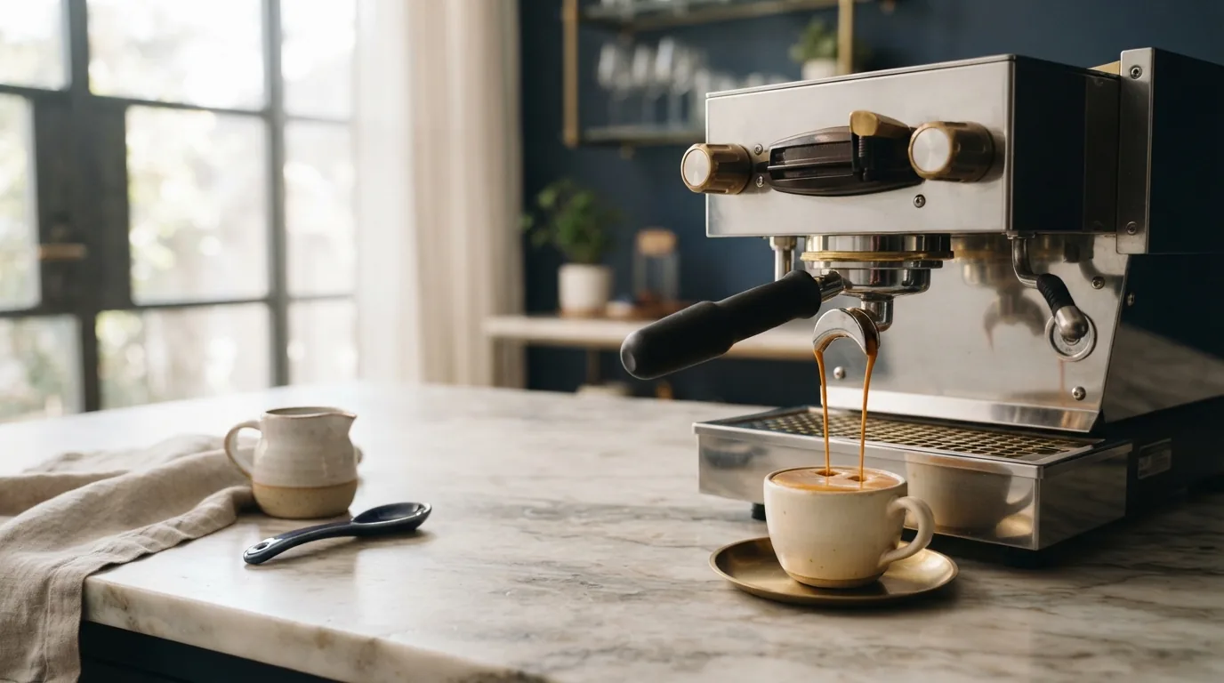 A polished espresso machine pulling a shot into a ceramic cup on a marble counter, bathed in soft natural light