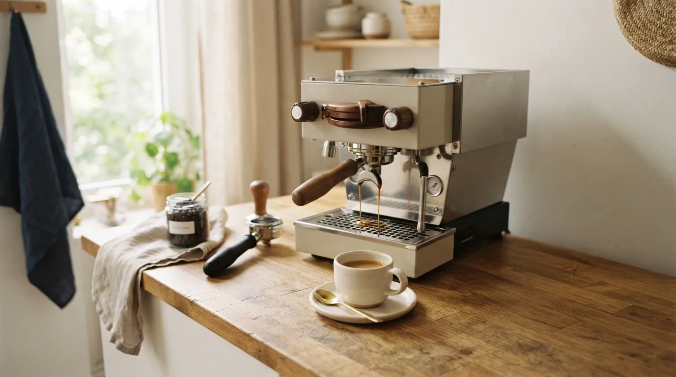 A curated home coffee station with equipment arranged for a daily routine