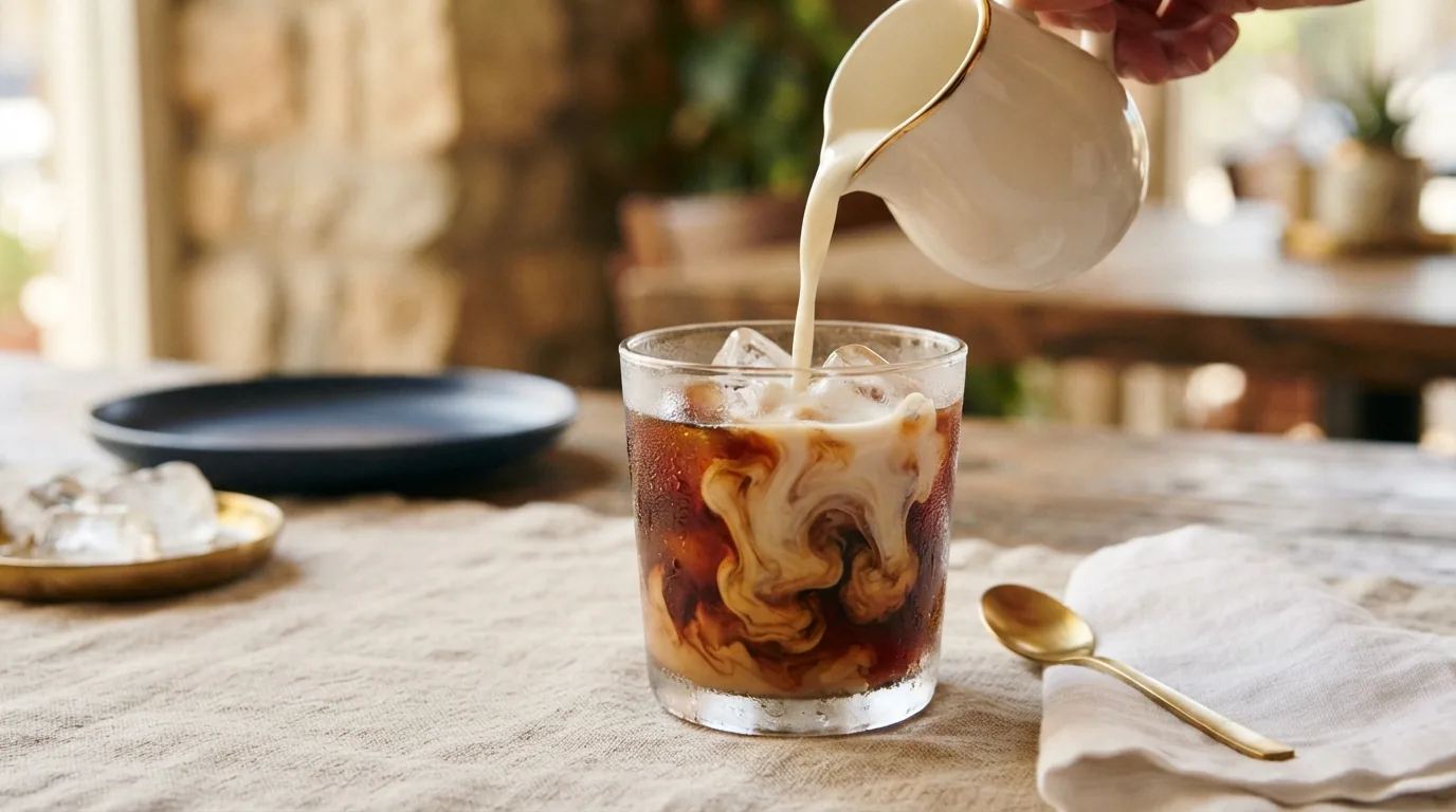 An iced latte being poured into a glass