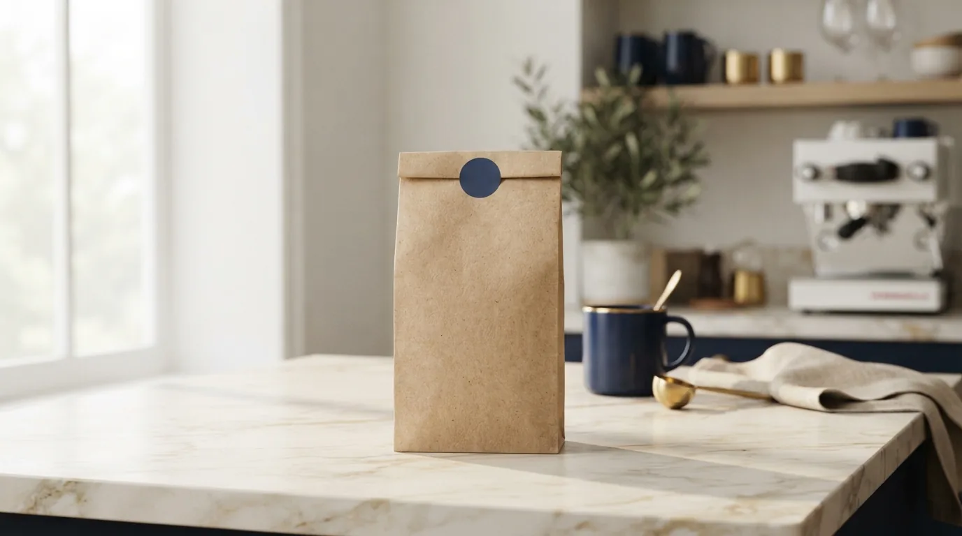 A plain kraft coffee bag styled on a countertop