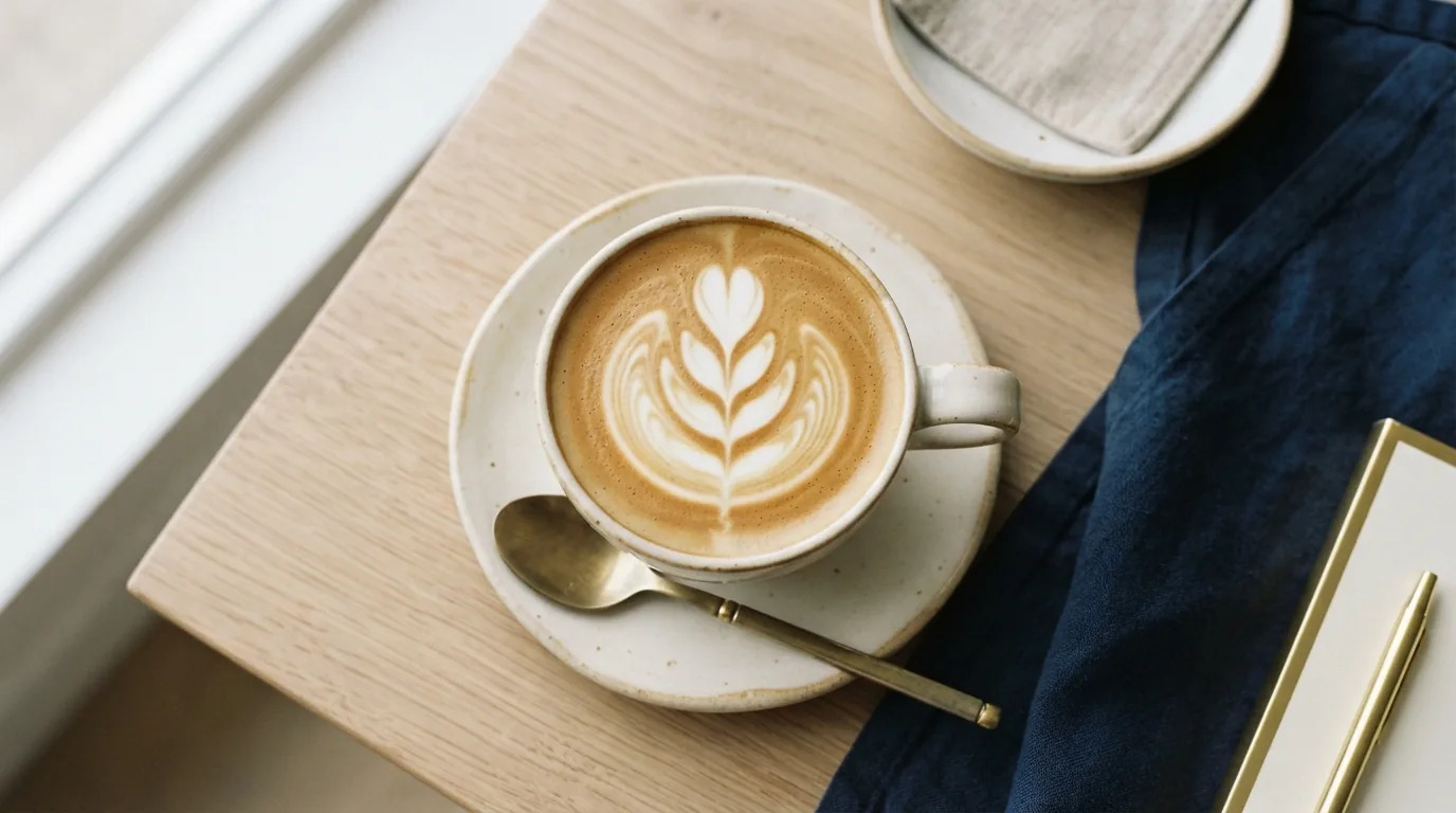 Latte art being poured into a cup from above