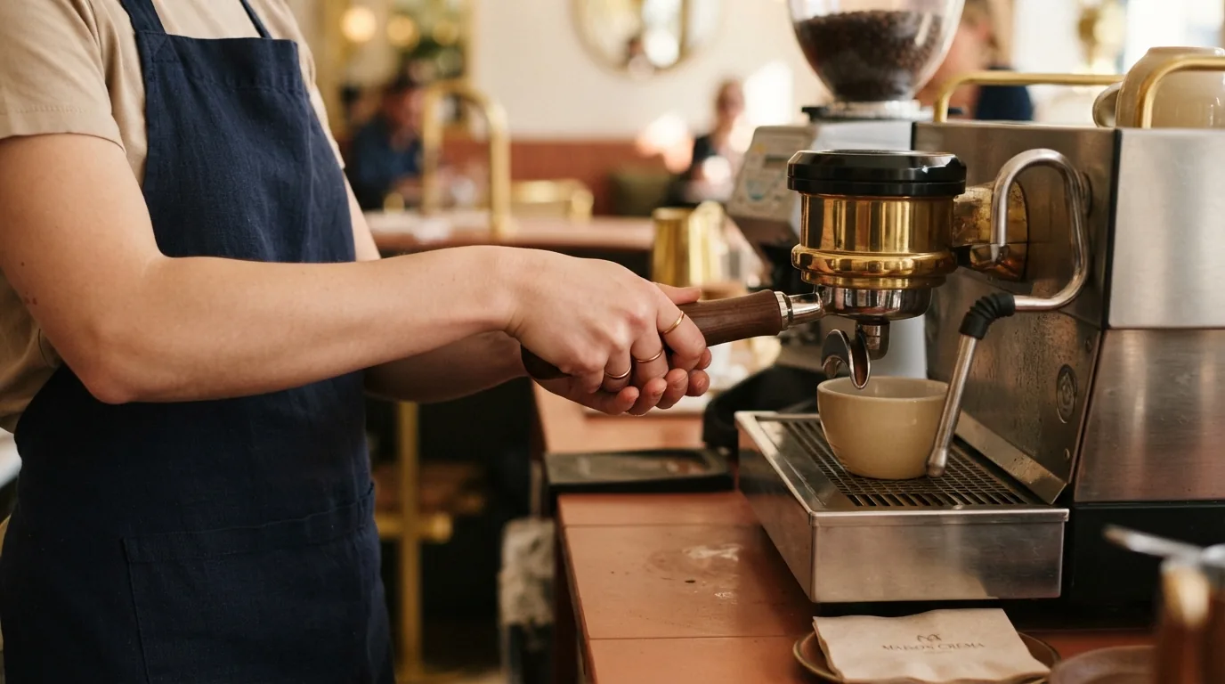 A barista locking a portafilter into a semi-automatic espresso machine