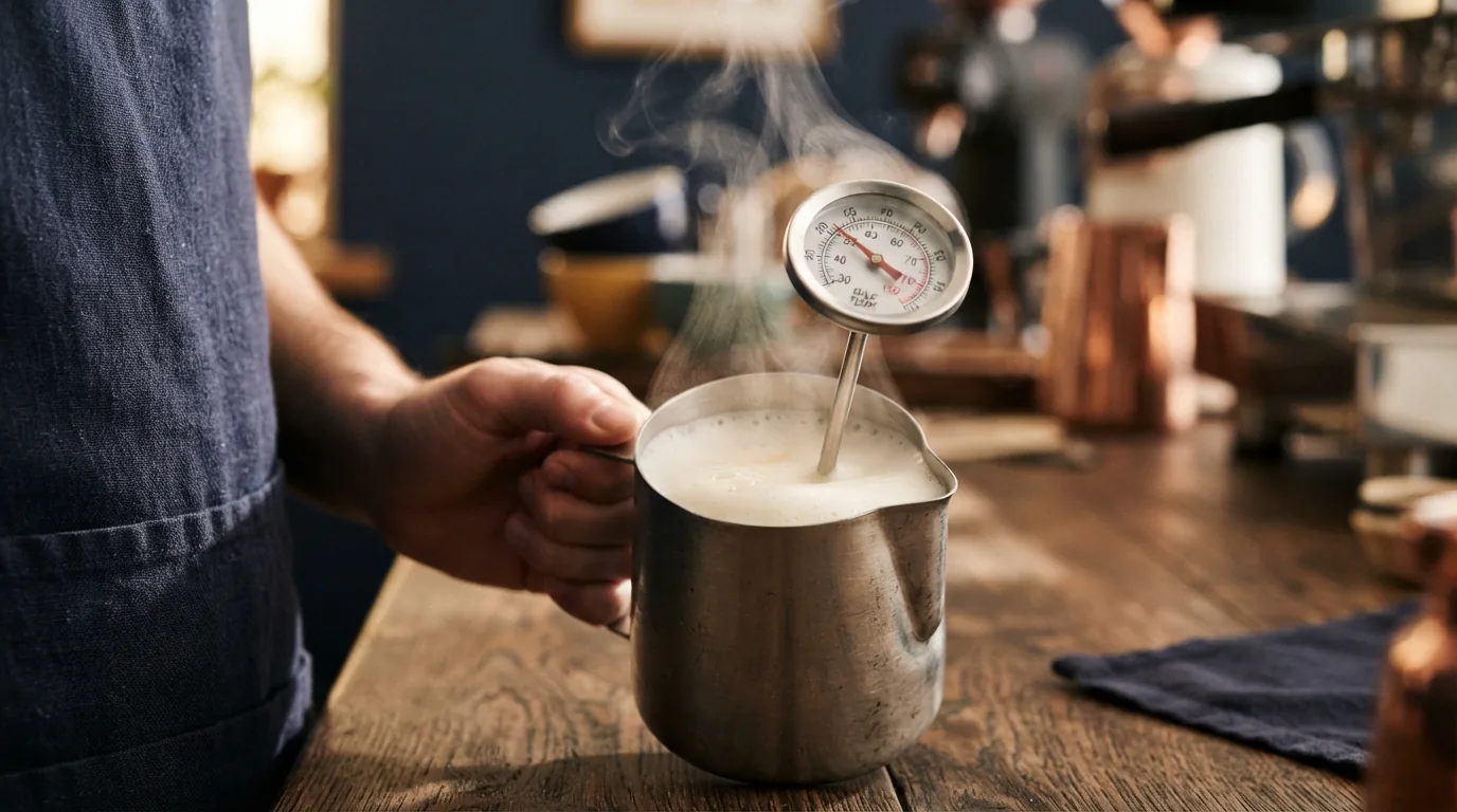 Milk frothing tool alongside a thermometer
