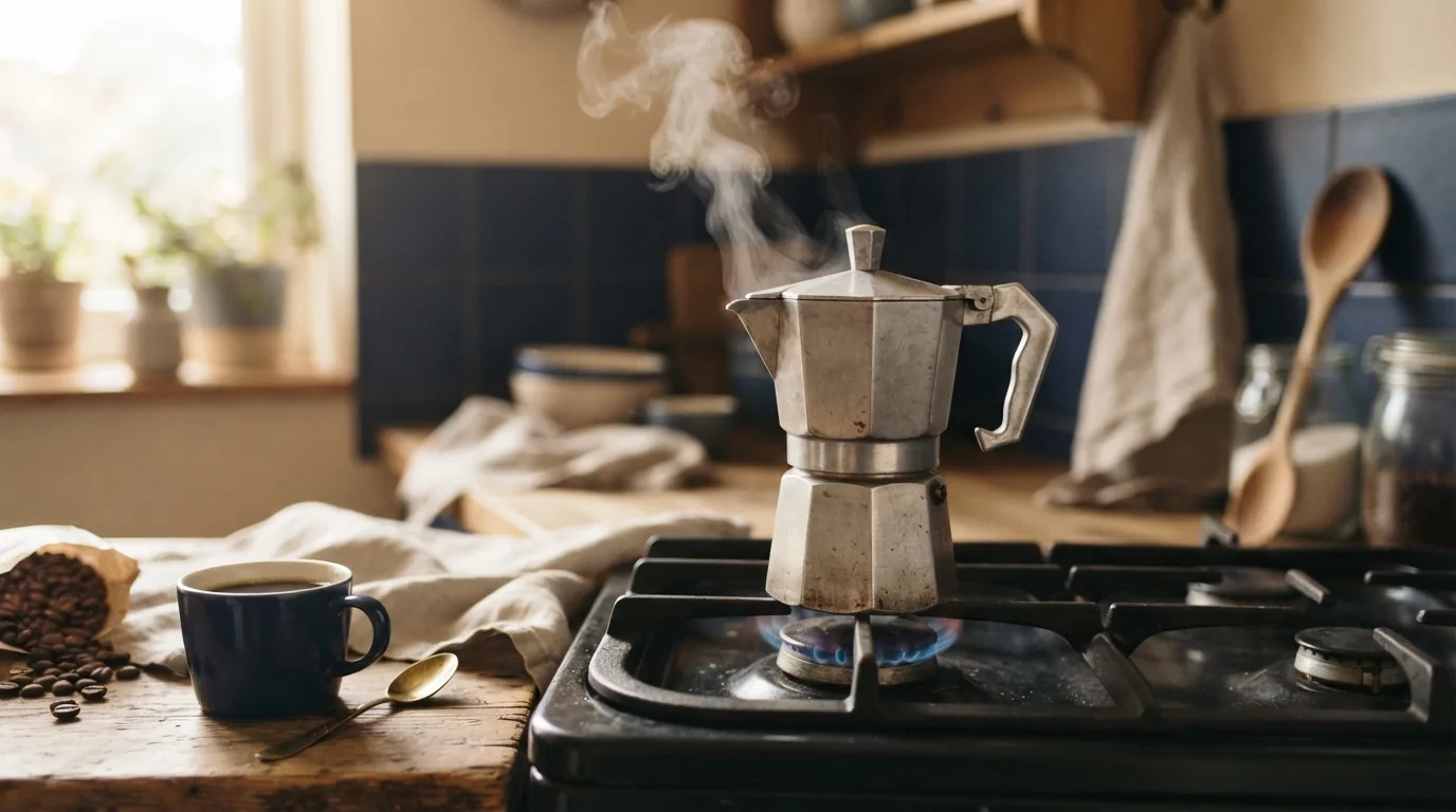 A classic unbranded moka pot on a stovetop