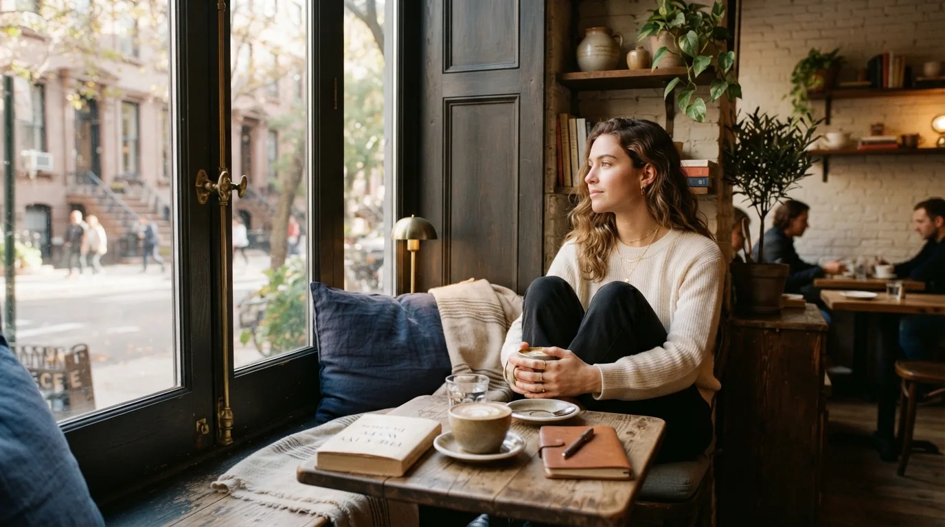 A café window seat with coffee, evoking global café culture