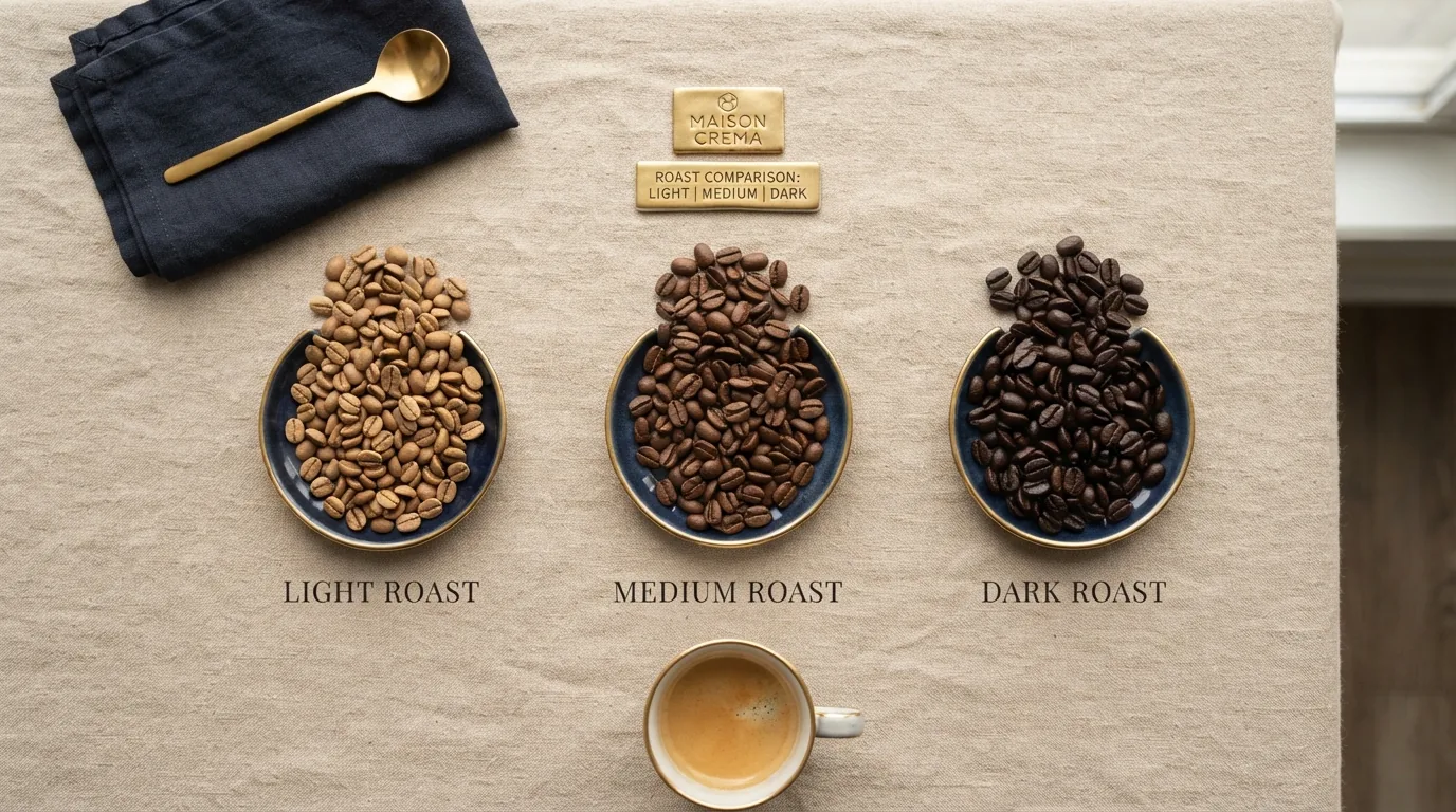Three roast levels of coffee beans compared side by side