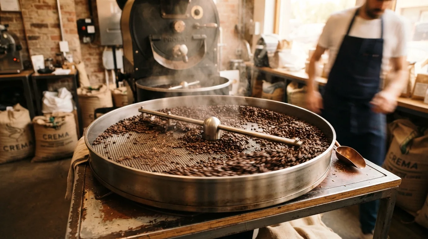 Freshly roasted coffee beans cooling in an editorial still life