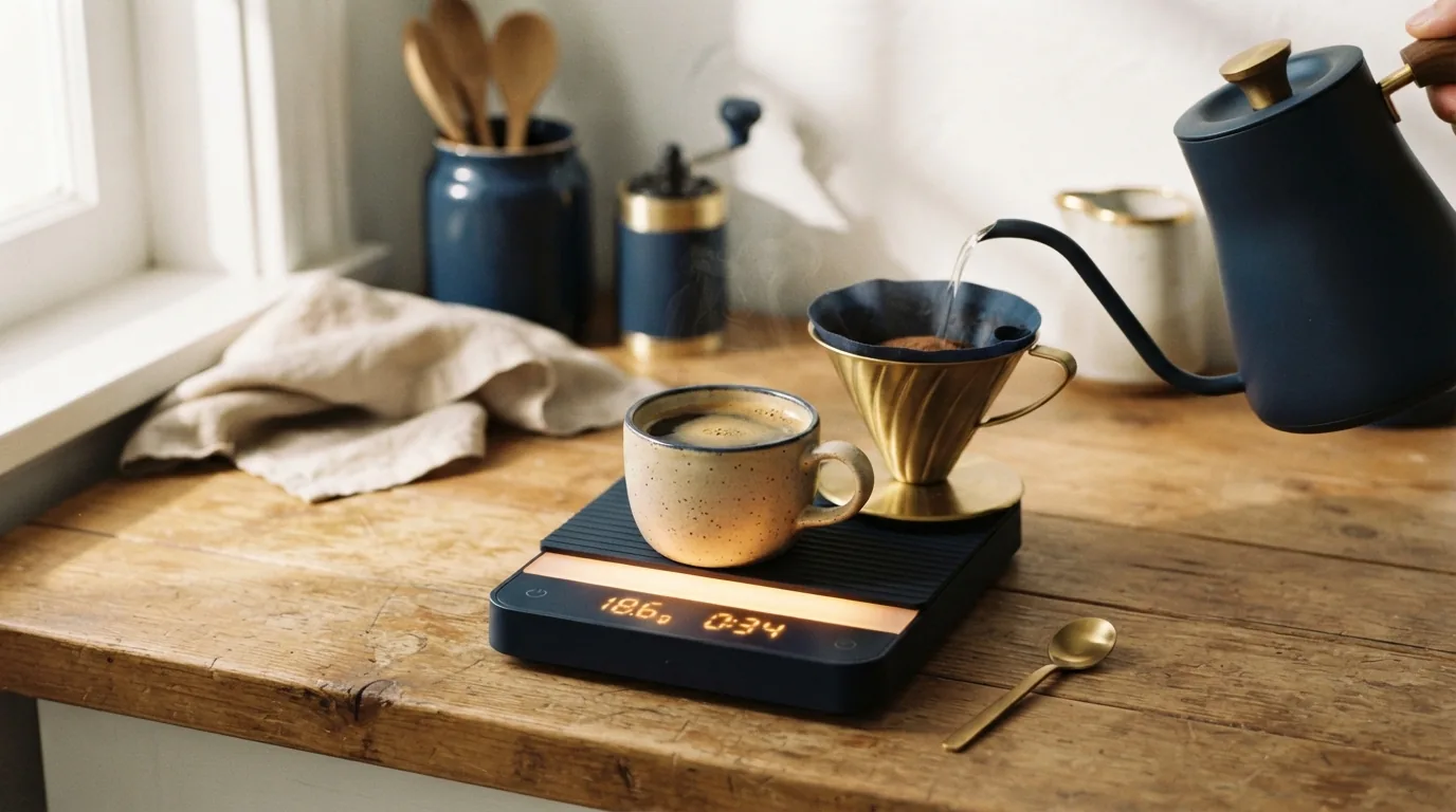 A digital coffee scale glowing on a countertop