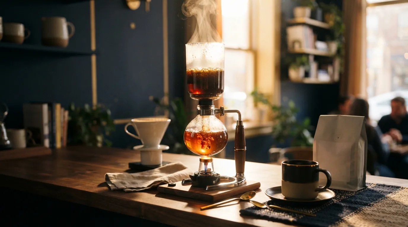 A vacuum siphon coffee brewer mid-brew, showing coffee rising into the upper chamber