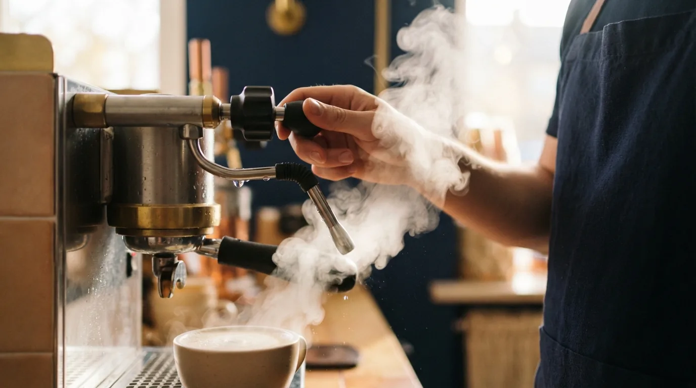 Close-up of a steam wand, the tool at the center of texturing milk