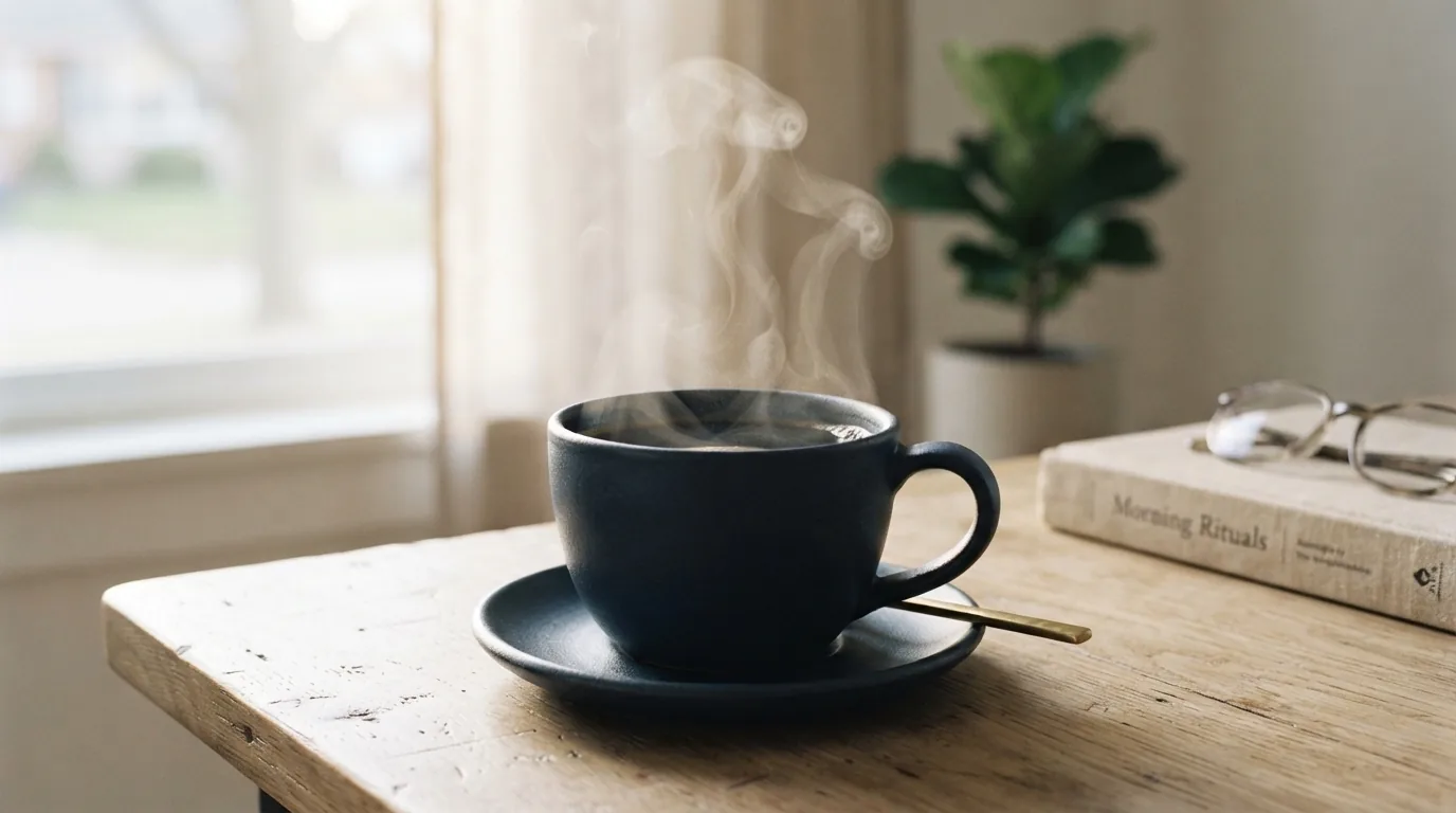 A steaming cup of black coffee