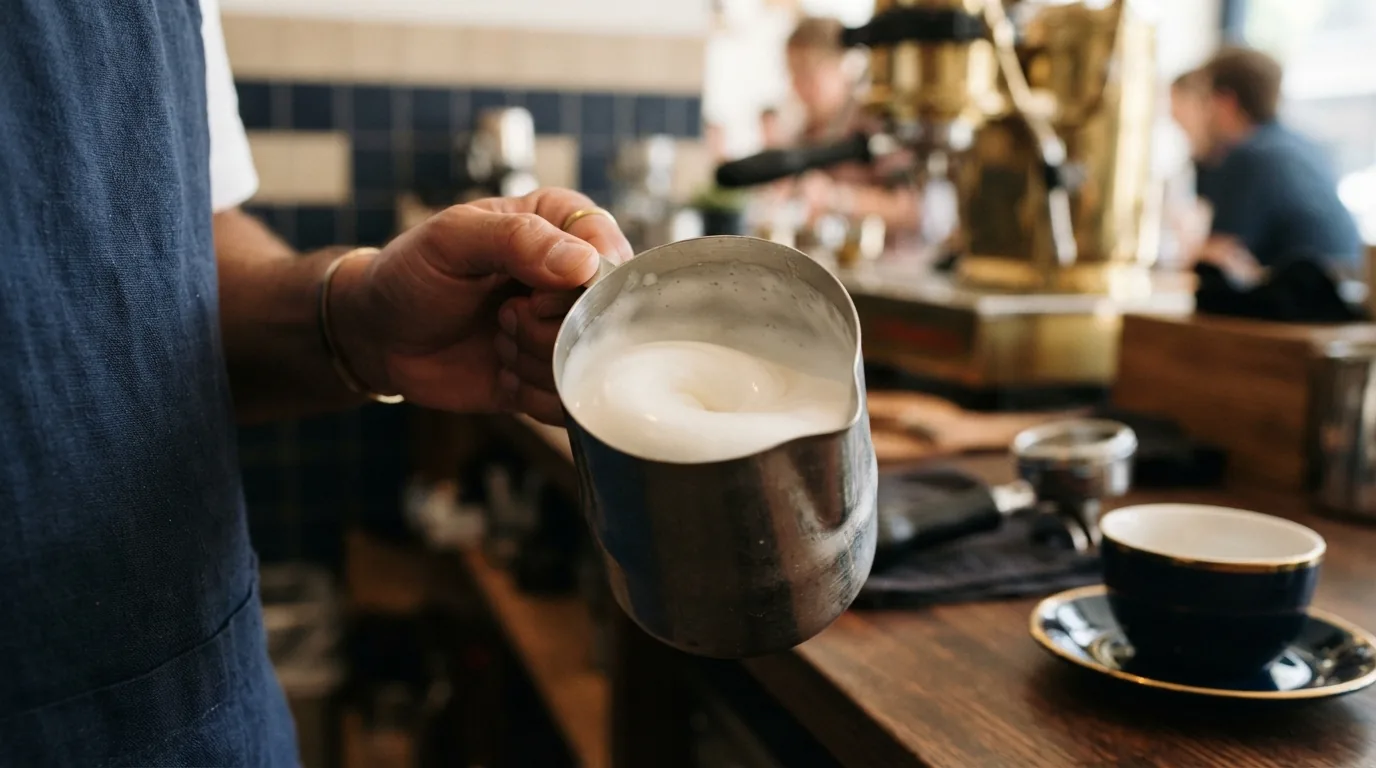 Milk being swirled into microfoam in a steel pitcher
