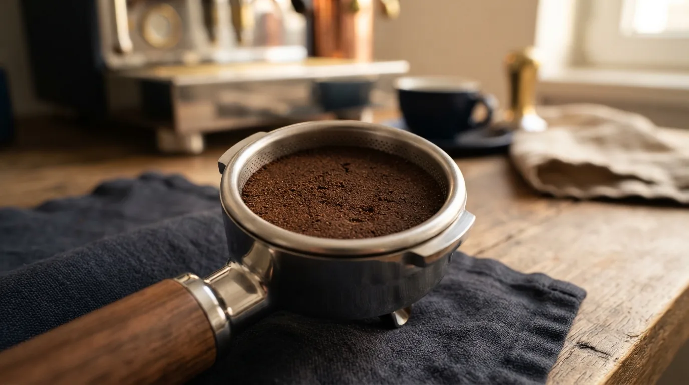 Macro shot of tamped, level coffee grounds in a portafilter, prepared for a manual lever pull