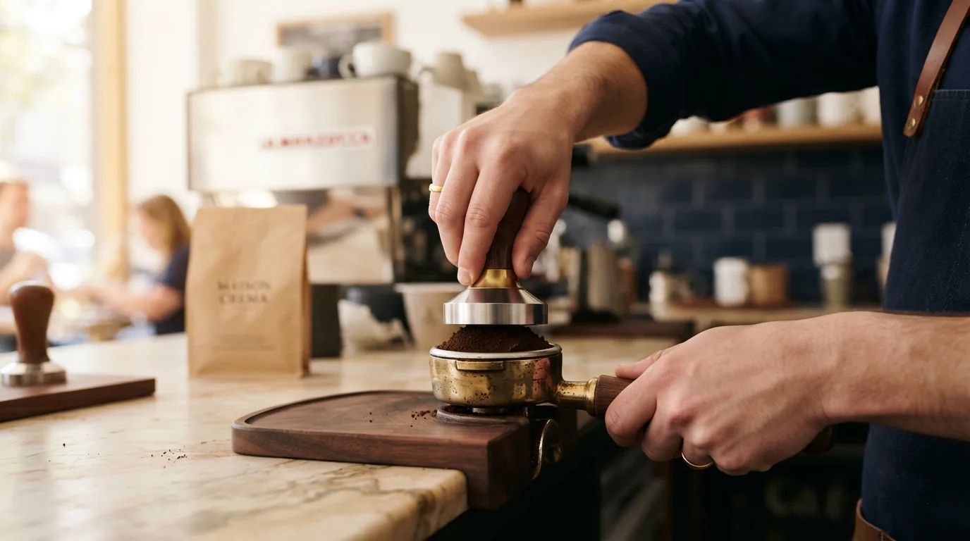 Close-up of a barista tamping espresso grounds with precision
