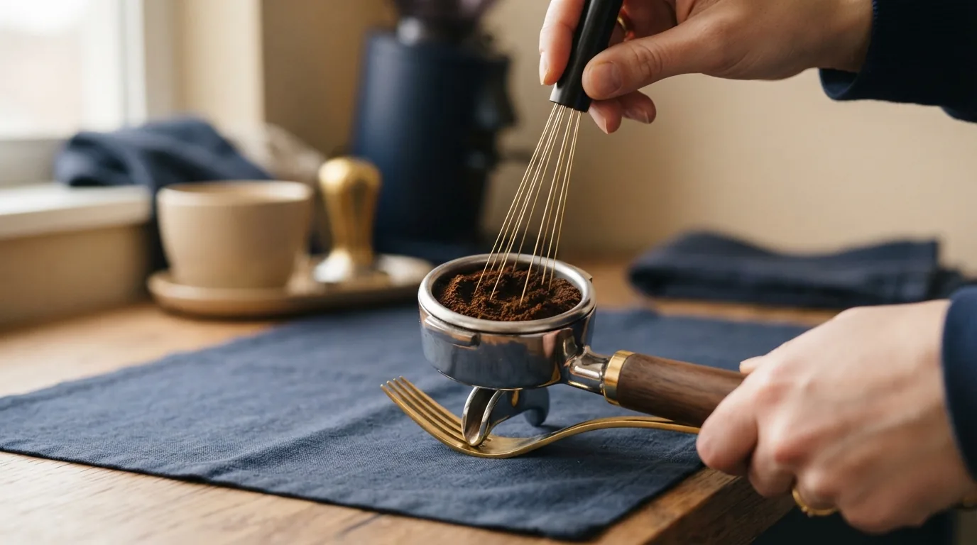 A WDT tool stirring coffee grounds for even distribution