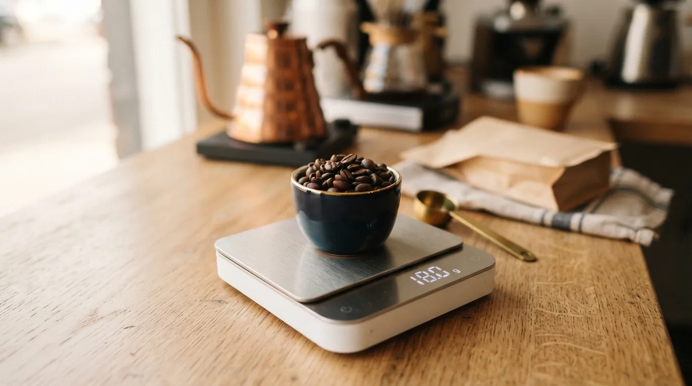 A digital scale weighing whole coffee beans