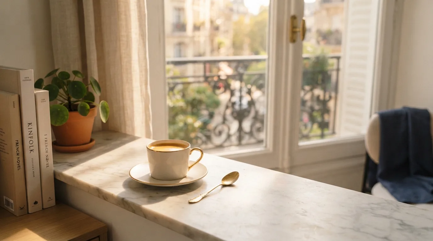 A single cup of coffee on a sunlit windowsill